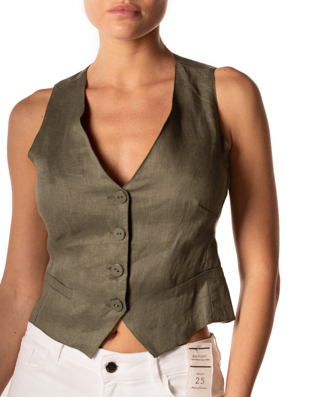 gilet bottoni 100% lino colore verde militare