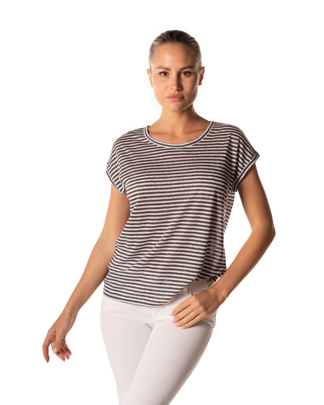 t-shirt 100%lino riga bianco carbone