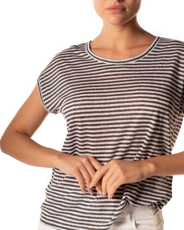 t-shirt 100%lino riga bianco carbone