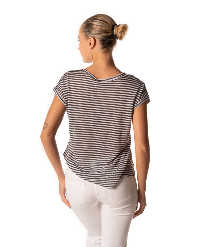 t-shirt 100%lino riga bianco carbone