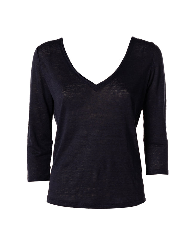 t-shirt scollo a V manica 3/4 100% lino colore blu