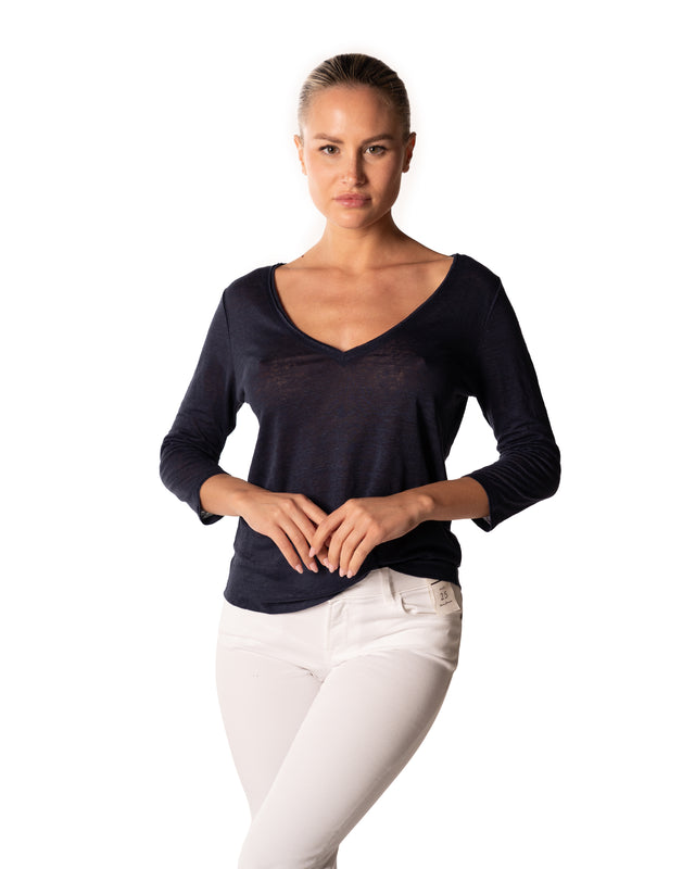 t-shirt scollo a V manica 3/4 100% lino colore blu