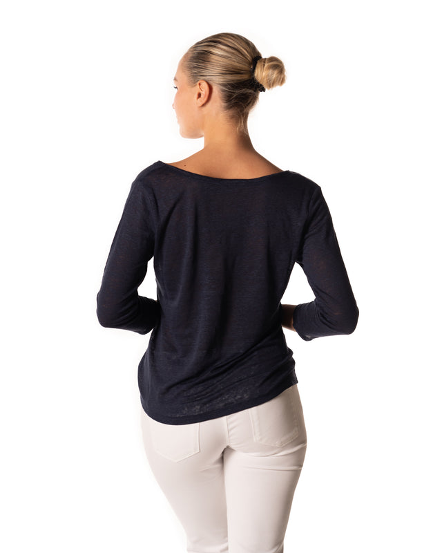 t-shirt scollo a V manica 3/4 100% lino colore blu