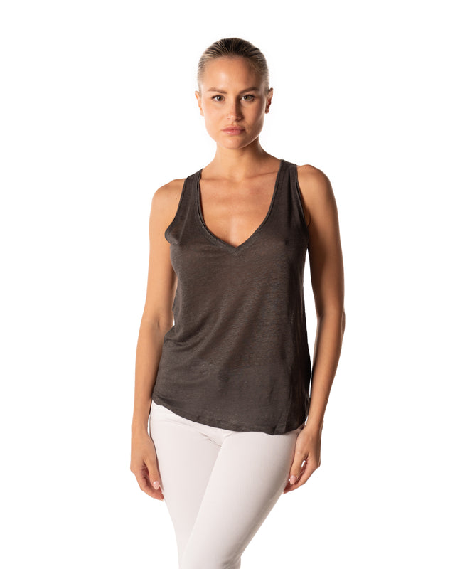 canotta scollo a V 100% lino colore carbone