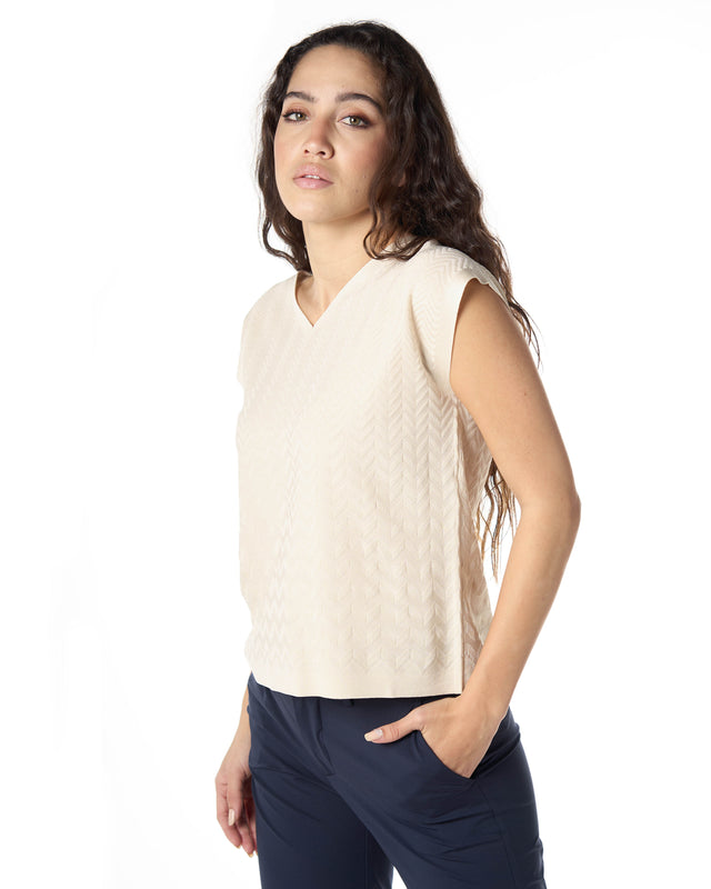 Maglia scollo v ricamo chevrone color avorio