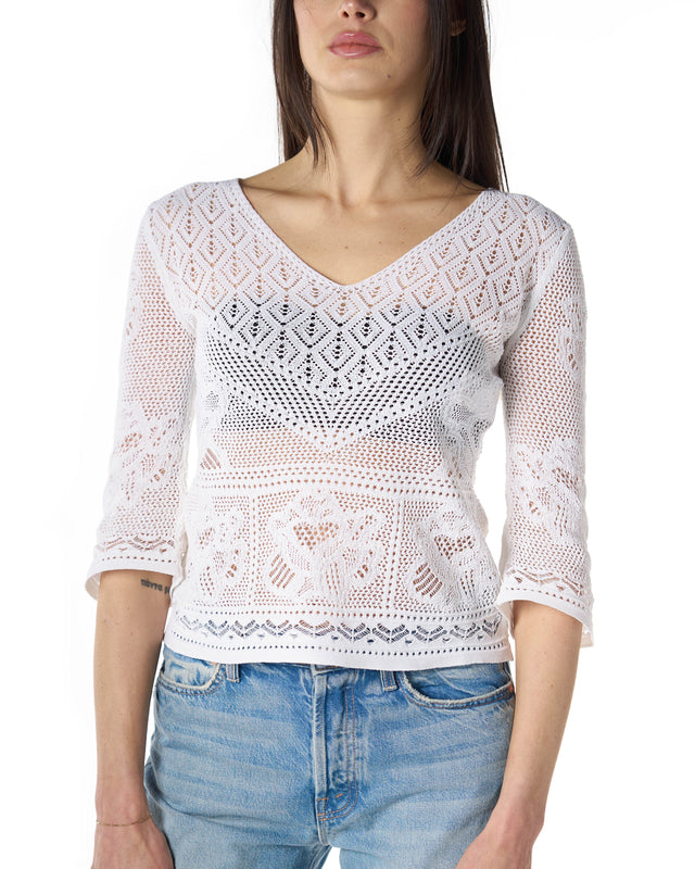 Maglia scollo v crochette manica 3/4 color bianco