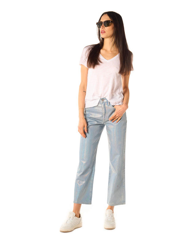 Jeans crop spalmato color silver