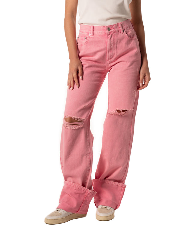 jeans con strappi largo colore rosa