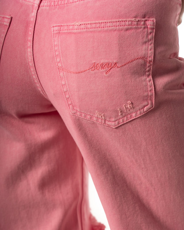 jeans con strappi largo colore rosa