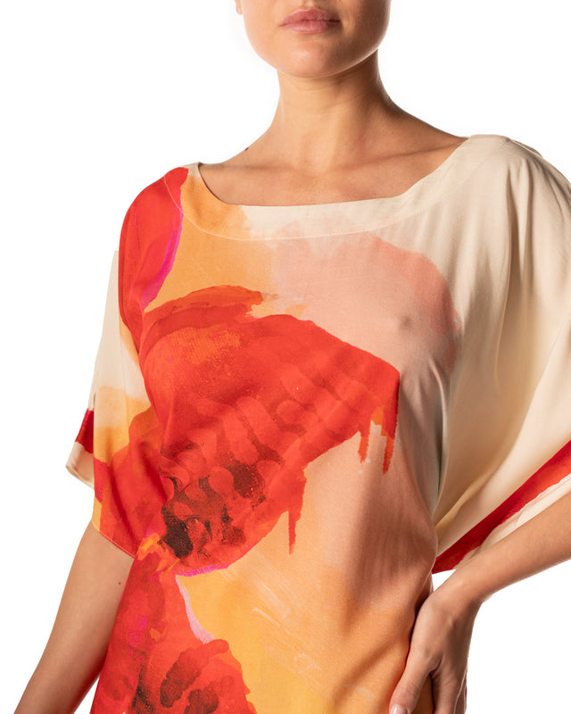 maglia kaftano fantasia floreale con cinturina in vita
