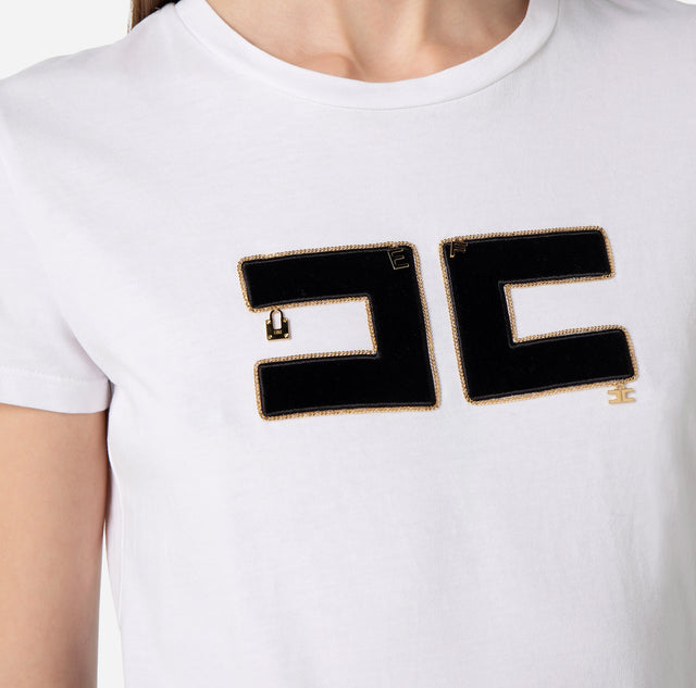 T-shirt in cotone con logo in velluto